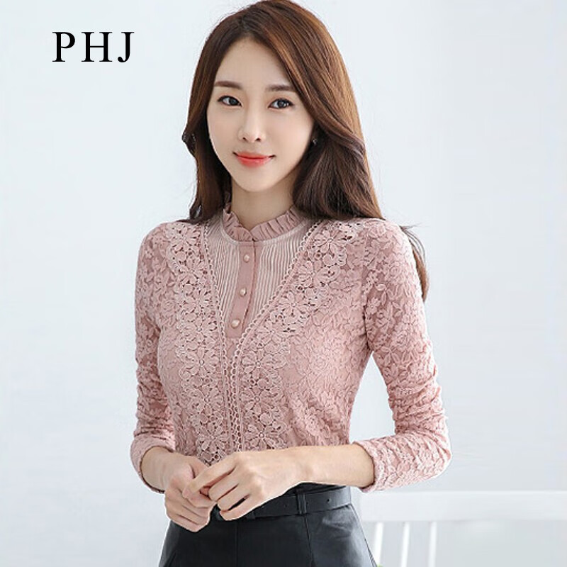 PHJ velvet lace bottoming shirt for women in autumn and winter new slim lace shirt for middle-aged women age-reducing warm long-sleeved top white velvet L