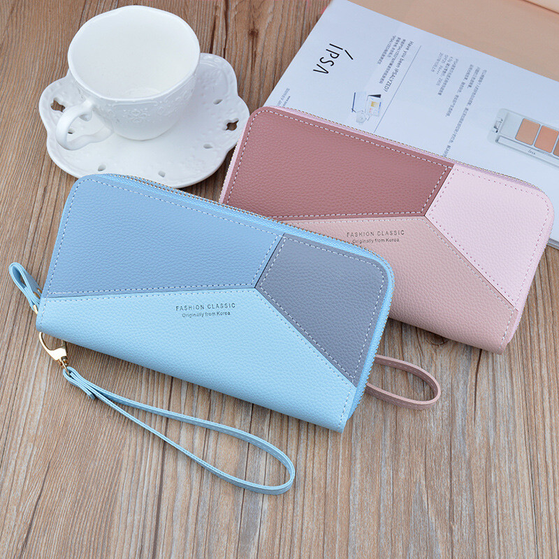 Simple cloth 2021 new double zipper hand wallet women's long style stitching contrasting color large capacity double layer wallet mobile phone small bag blue
