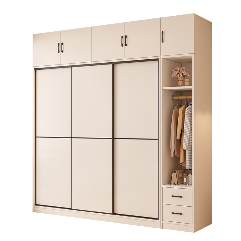 Baili Weiyi package installation solid wood wardrobe bedroom household sliding door cabinet thickened backboard large wardrobe wardrobe 160*200*60 main cabinet + top cabinet