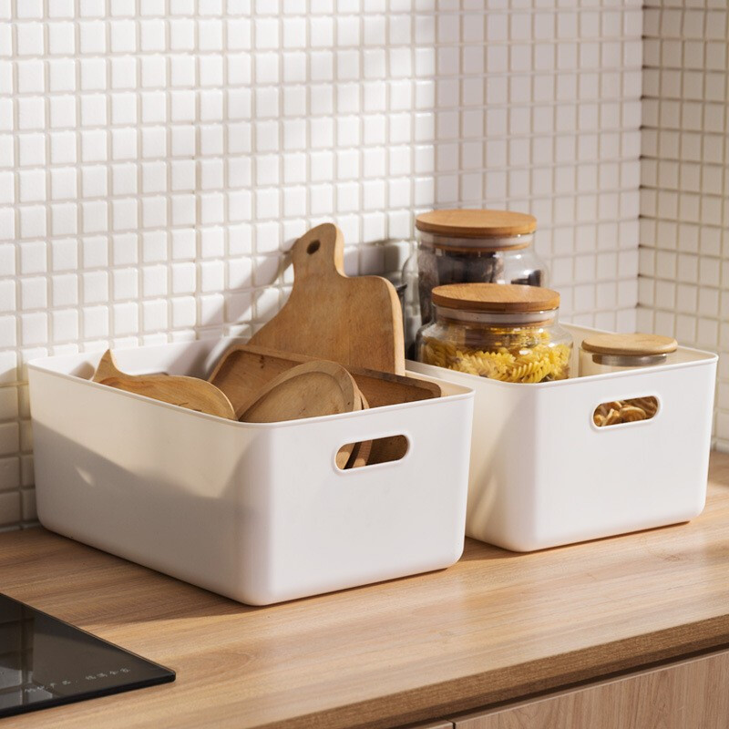 Kaixinyi White Storage Box Desktop Cosmetics Clothes Miscellaneous Organizing Box Household Plastic Storage Basket Short Large Size - No Cover 36.5*26*8cm