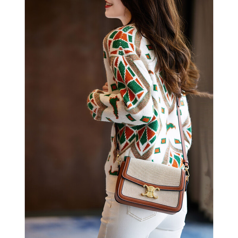 De Mana (dme) Geometric Knitted Sweater Spring and Autumn Commuting Round Neck Drop Shoulder Long Sleeve Slightly Elastic Simple Sweater for Women