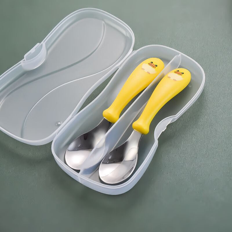 Enshousu children's chopstick training chopsticks 3-year-old and 6-year-old baby spoon learning and practicing 1, 2 and 3-year-old special toddler tableware set 2-6 years old children cute - yellow duck children's tableware - four-piece set chopsticks + spoon + fork + box