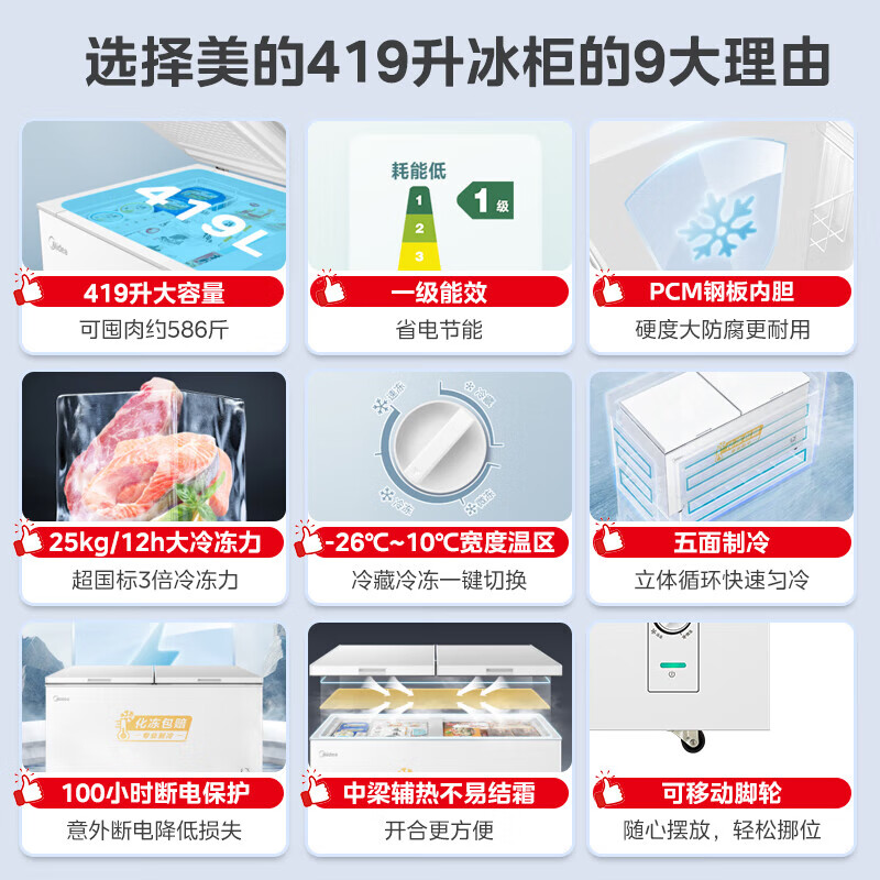Midea 300 liters or above freezer household small freezer large capacity freezer commercial - 40 degrees seafood special cabinet deep cooling quick freezer single temperature horizontal tea refrigerator freezer 419 liters five-sided refrigeration PCM steel plate liner - 26 degrees