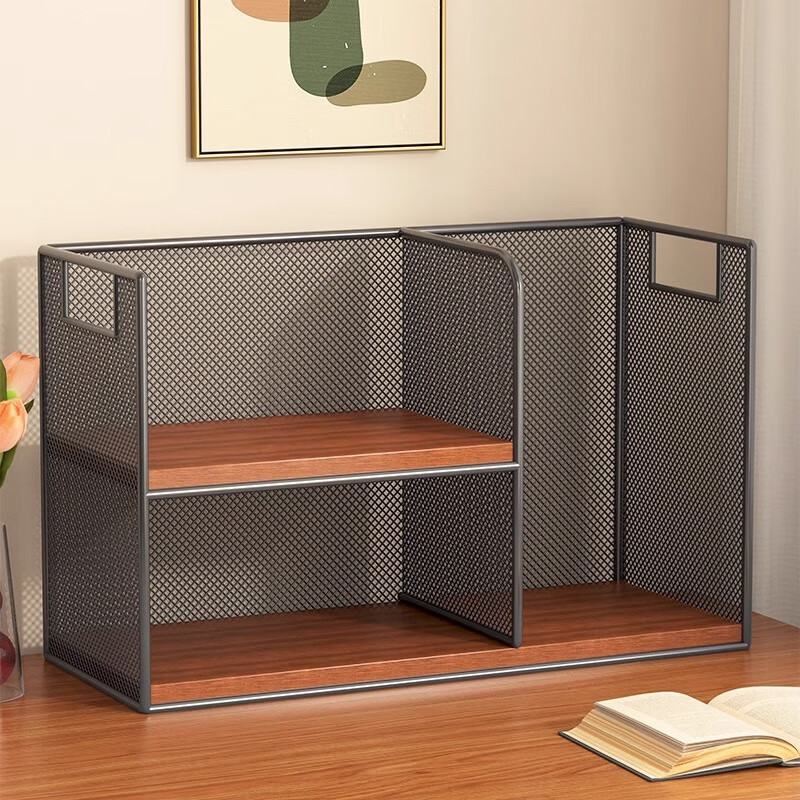 Yisijia Desk Storage Rack Desktop Bookshelf Home Desk Goods Desk Book Artifact Book Bookcase Simple Upgraded Double-Layer Large Black Frame Teak