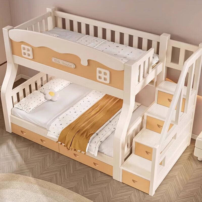 Leiyang all solid wood upper and lower bed, cream style cartoon bunk bed, small apartment multi-functional wooden bed double solid wood high and low bed, ladder cabinet upper 115 lower 135 bookshelf drawer mattress * 2 package installation