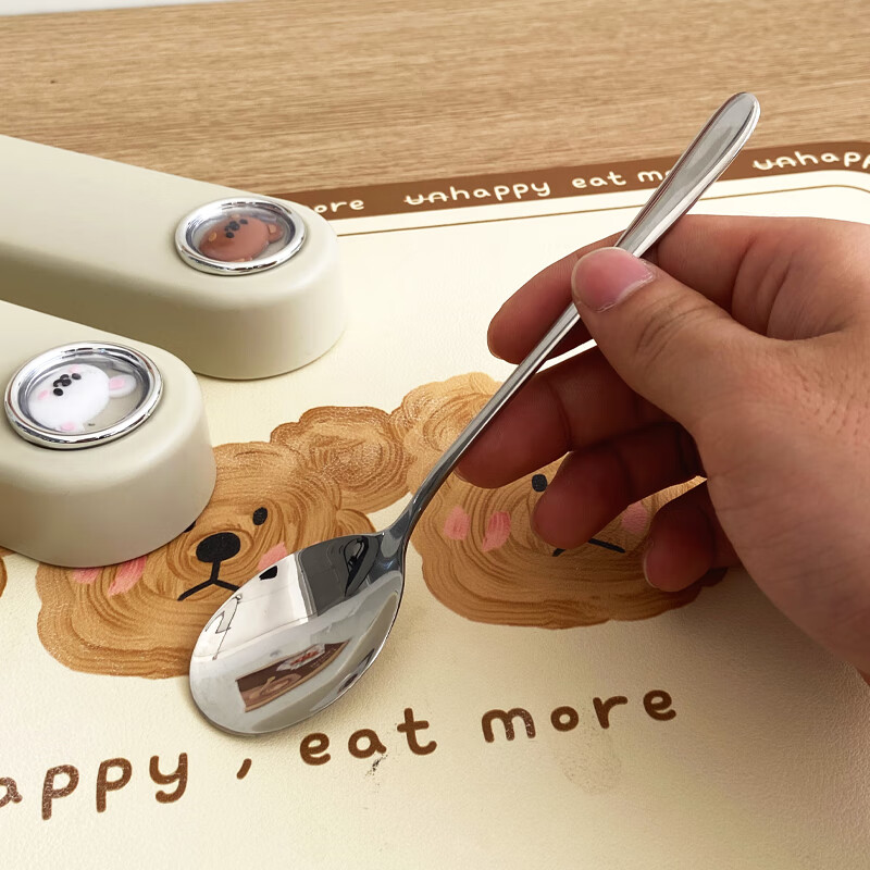 WORTHBUY 316 Stainless Steel Chopsticks and Spoons Cute Portable Tableware Three-piece Set Single Student Takeaway Storage Cutlery Box Doudou Xiong Qingti Green + 304 Chopsticks and Spoons 3-piece Set