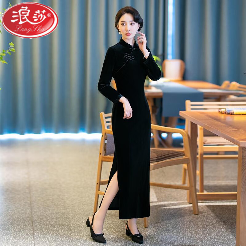 LangSha improved cheongsam autumn and winter plus velvet and thickened gold velvet 2024 new style noble dress for mother-in-law wedding banquet mother red plus velvet 2XL suitable for 120-130 pounds