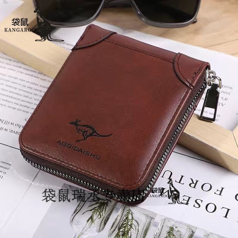 Kangaroo wallet men's short multi-functional zipper driver's license holder Korean version trendy anti-theft swipe vertical card holder retro classic black (anti-theft swipe style) jd
