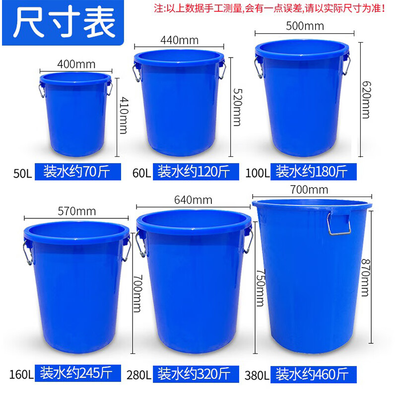 Large kitchen trash can with lid, commercial capacity, thickened, public outdoor sanitation plastic industrial round bucket, 50L blue without lid, free bag