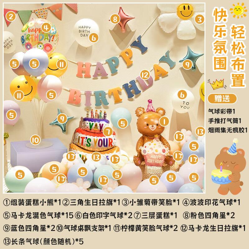 Yanyu set birthday scene layout balloons children's birthday decoration layout boys and girls happy birthday table flying flag set