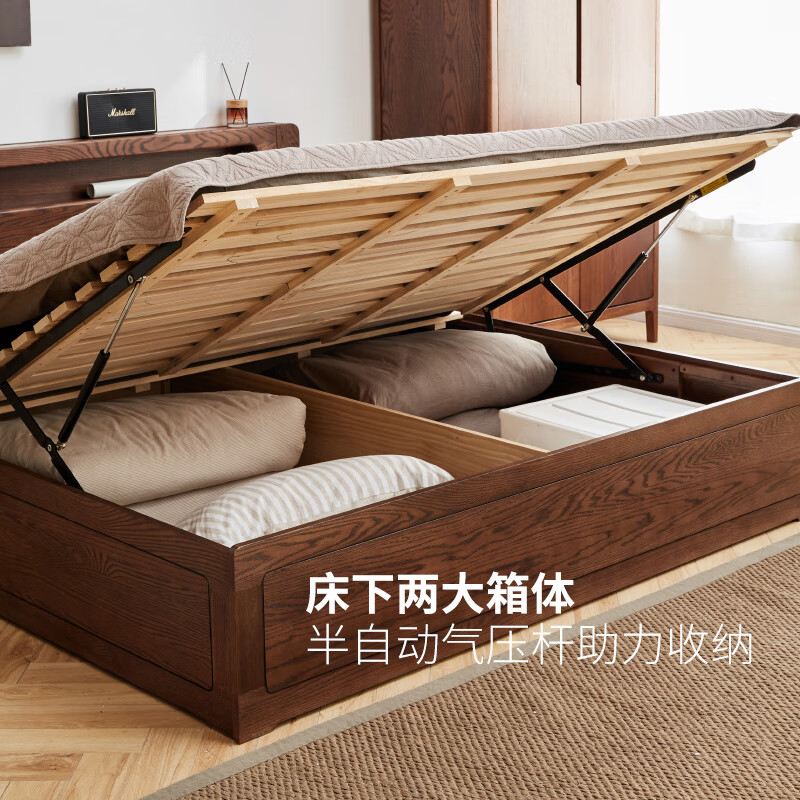 Genji Muyu solid wood bed modern simple oak storage box bed Nordic bedroom double bed high bunk luminous box