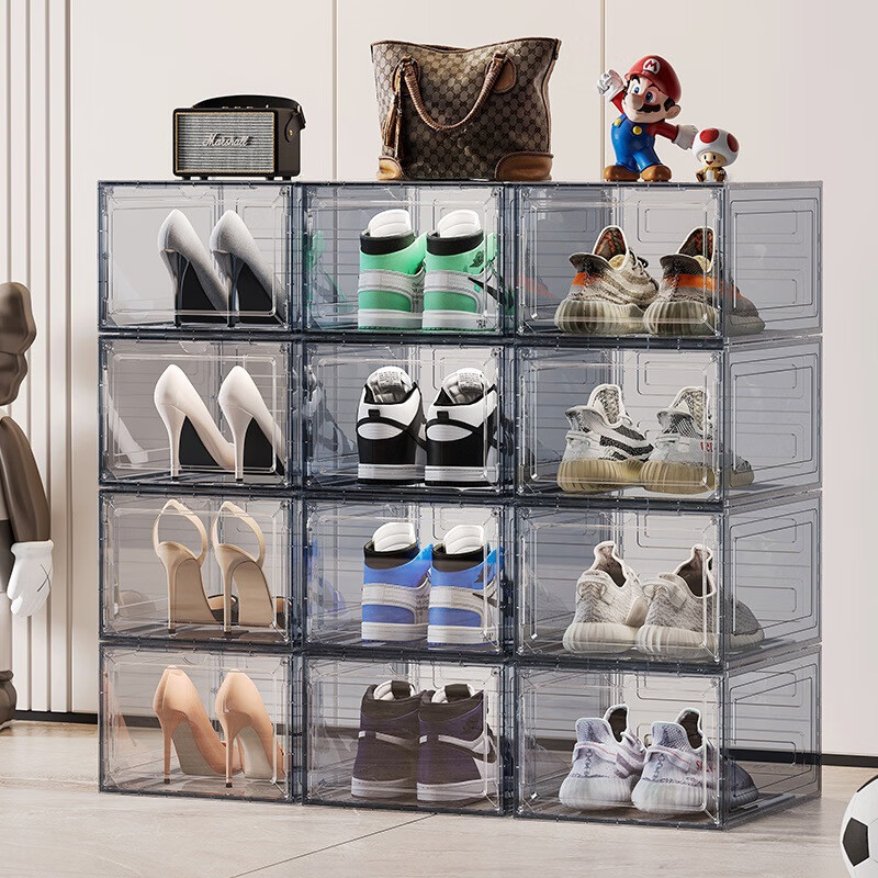 Nature House Shoe Box Transparent Magnetic Hard Sneaker Storage Box Doorway Entry Shoe Cabinet Acrylic Shoe Storage Artifact Shoe Rack Transparent Black 4 Pack Buckle Connection/Magnetic Opening and Closing