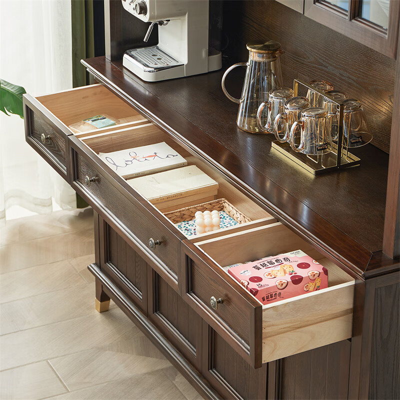 Jiumu Jiumei solid wood sideboard integrated wall high cabinet home living room multi-functional tea cabinet wine cabinet side cabinet storage storage cabinet 155cm upper and lower combination two-color