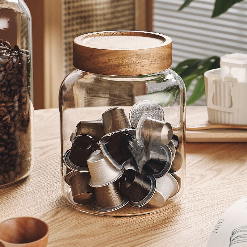 Genasi transparent glass sealed jar food-grade coffee bean storage jar capsule storage box storage jar large acacia wood cover coffee jar 1.2L