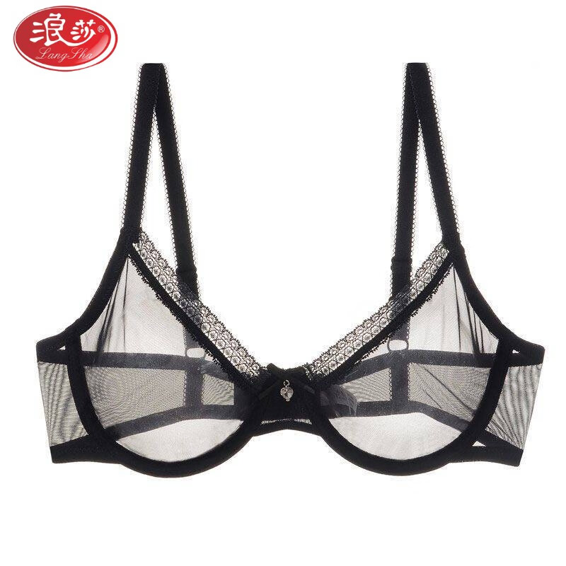 LangSha Sexy Pure Desire Underwear Women's Fully Transparent Bra Set Big Breasts Show Small Summer Breathable Anti-Sagging Ultra-Thin Bra Black (Single Piece) 75B 34/75B