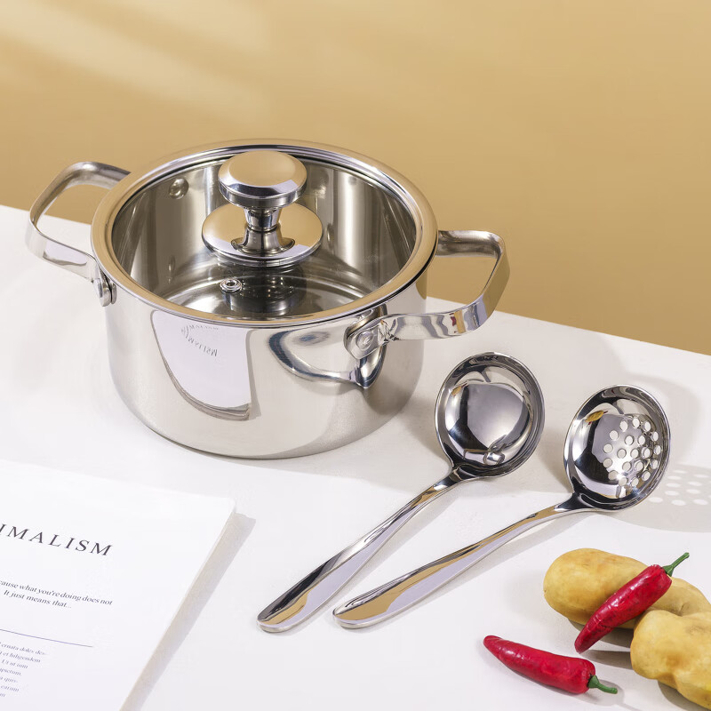 Cai Ruyi 304 stainless steel single small hot pot pot for one person, one pot shabu shabu buffet hot pot, silver light body with lid 16cm