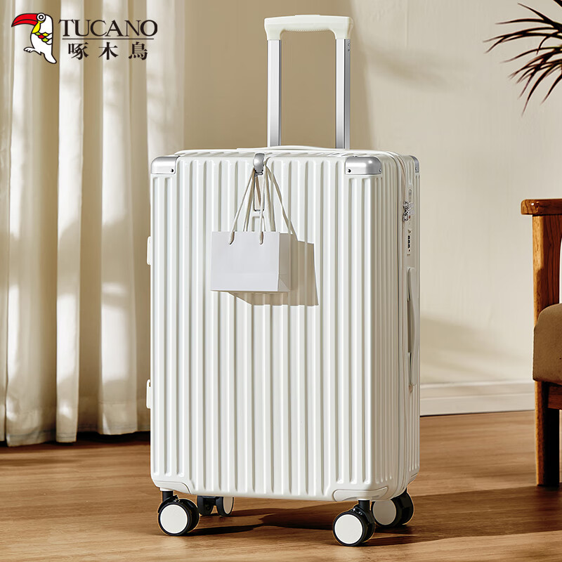 Woodpecker Leather Suitcase 2024 New Double-layer Explosion-proof Zipper Suitcase with Cup Holder Rechargeable Airplane Boarding Case Zipper Shell White Hook USB Cup Holder 20 Inches Double Enclosed Interior + Brake Shock Absorbing Wheels