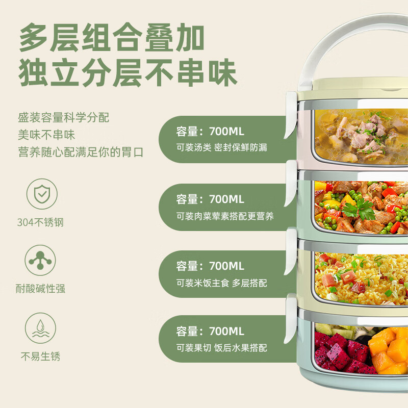 Guangyi 304 stainless steel four-layer insulated lunch box, multi-layer combinable macaron lunch box + insulated bag GY8809