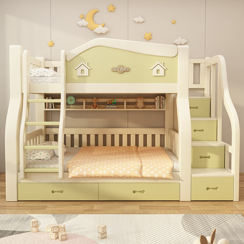 Moriki deer cherry wood children's bed and lower solid wood bed cream style high and low bed bunk bed and double bed adult bed ladder cabinet style upper 130 lower 150 + mattress * 2 all solid wood