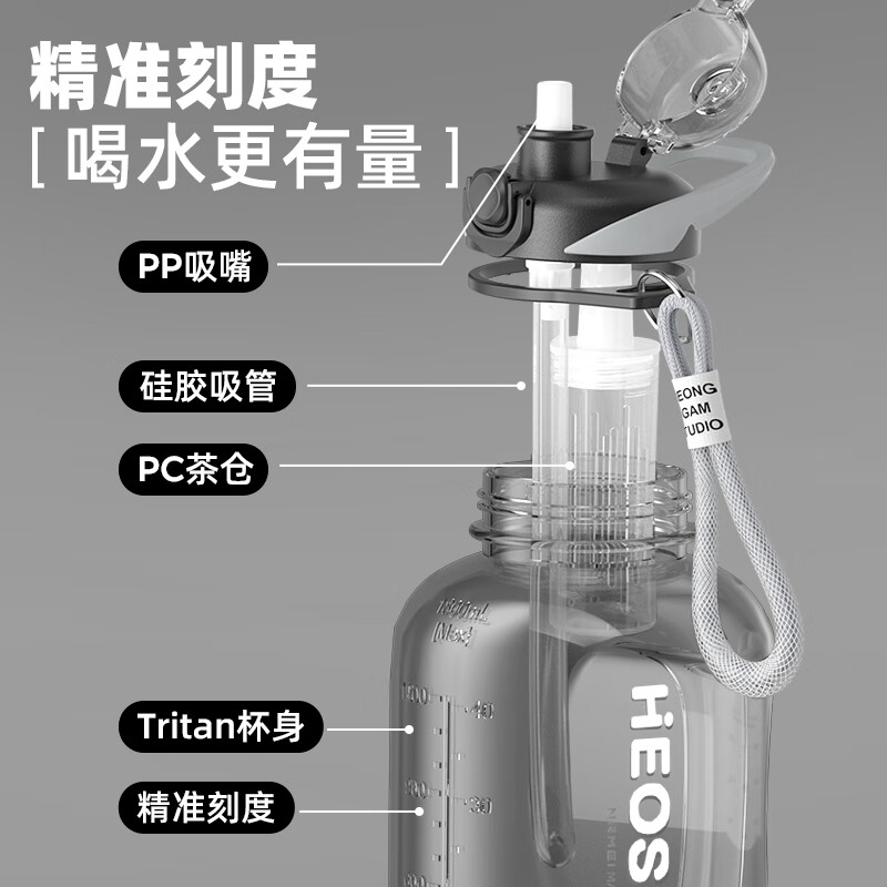 NRMEi Sports Water Cup Large Capacity Summer Tritan Men's Fitness Tea Water Separator Big Belly Portable Ton Bucket Ton Water Cup Direct Drink + Straw + Tea Storage Dark Night Black 1800ml