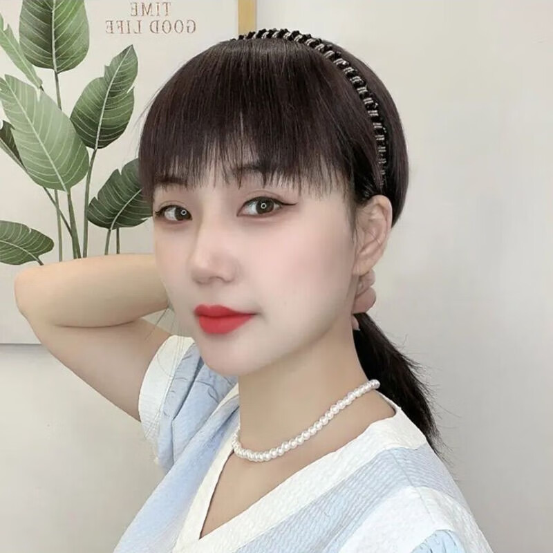 Fiber wig female bangs one-piece rhinestone headband replacement hair piece straight hair wig top cover white hair seamless replacement hair piece full real hair dark brown 25cm