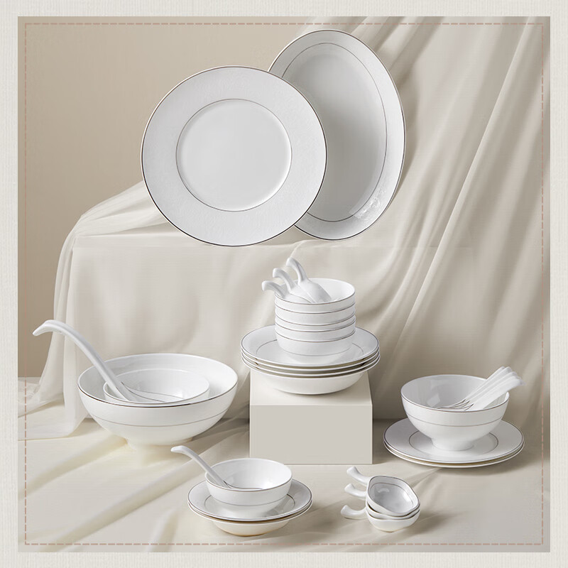 Magalonte Annual Party Gift Platinum Years Bone China Tableware Complete Set of European Pure White Luxurious Dinner Plates and Dishes Tableware for 6 People 32 Pieces