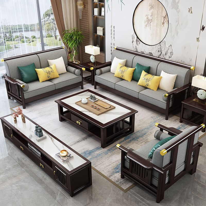 Dihong new Chinese solid wood sofa living room modern simple large and small apartment villa high-end winter and summer solid wood sofa 1+2+3+coffee table+square table*2+TV cabinet