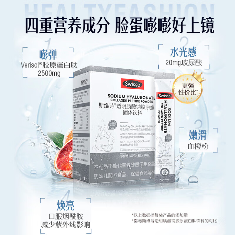 Swisse Collagen Hydrating Powder Patented Collagen Peptide + Hyaluronic Acid + Niacinamide + Blood Orange 3g*28 Bags