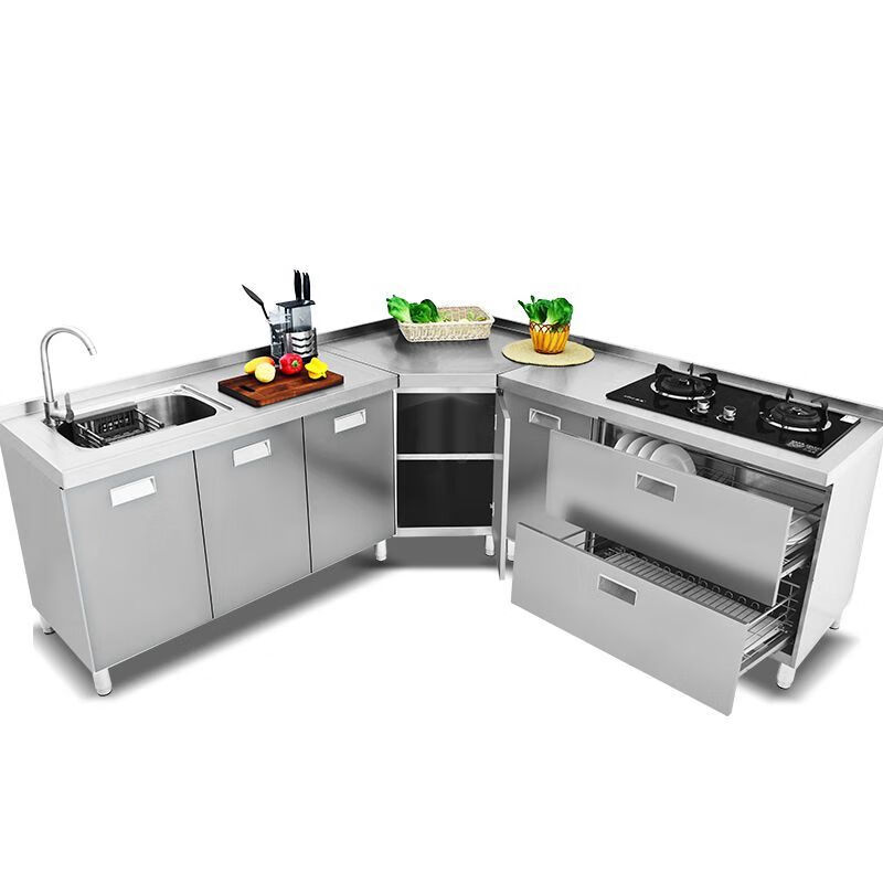 Qinkai overall stainless steel cabinet 304 steel diamond-shaped corner cabinet kitchen cabinet storage integrated sink stove cabinet 2 meters five-door flat style (304 steel thickening) Jinri