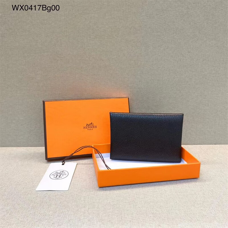 Second-hand 99 new unused full set of Hermes Hermes light blue card holder folding women's wallet card holder 99 new Hermes Calvi card holder black D-engraved