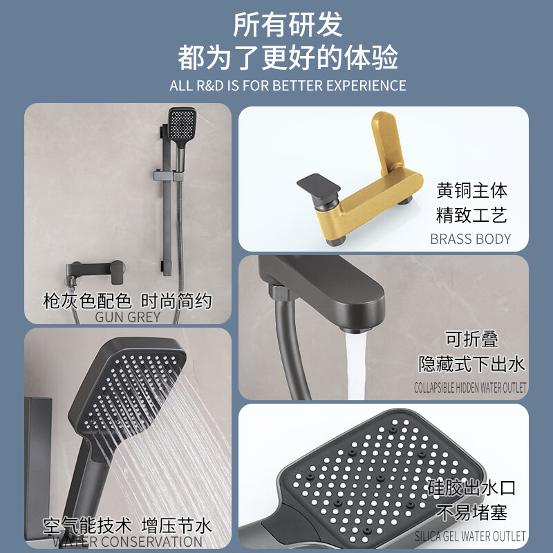 Tipai Gun Gray Bathroom Shower Set Rain Sprinkler Bathroom Hot and Cold Full Copper Mixing Valve Bathtub Faucet Black C Style (Square Sprinkler)