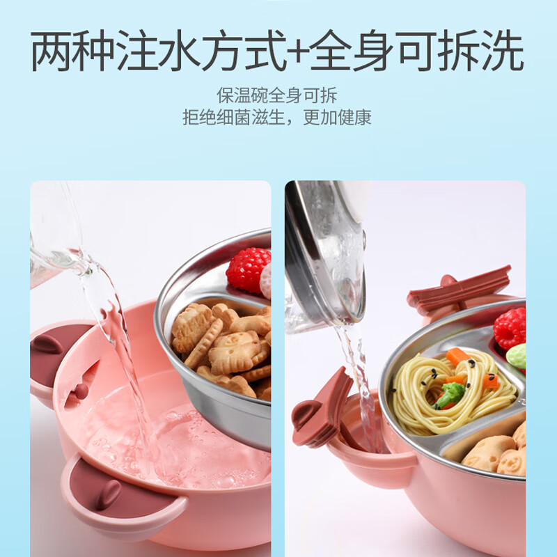 COOKSS Children's Dinner Plate Stainless Steel Compartment Baby Tableware Food Bowl Baby Suction Cup Water Insulated Bowl with Fork Spoon Blue