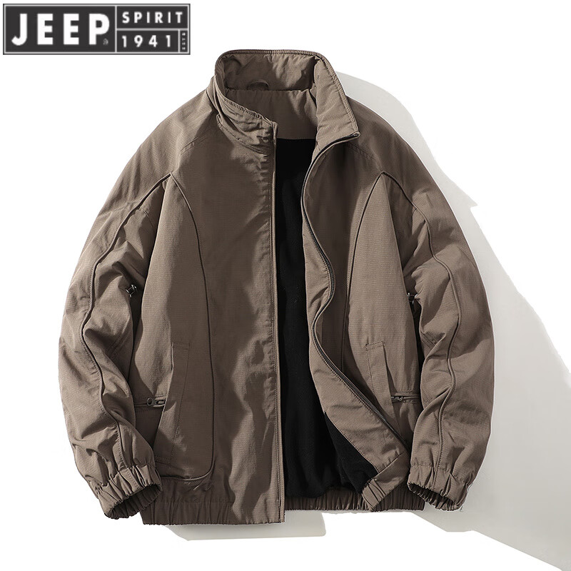 JEEP SPIRIT winter stand collar American short handsome bomber jacket cotton coat plus velvet thickened jacket men's top khaki 2XL (175-200)