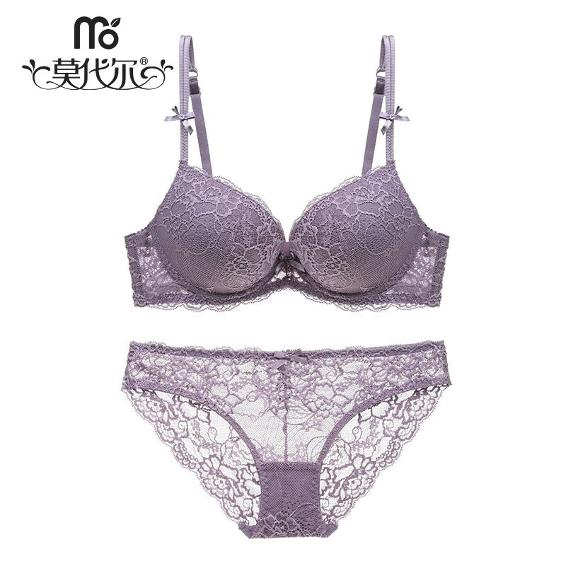 Modal European and American pure lust style underwear set, thickened small breasts, large bra, push-up, comfortable lace bra, deep V push-up for women, black (suit) 75B 34 (with M size underwear)