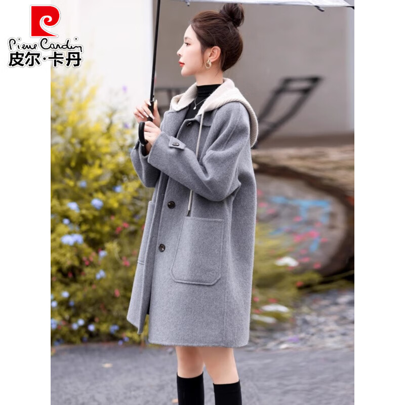 Pierre Cardin 2025 Autumn and Winter Small Casual Hooded Double-sided Cashmere Coat Women's Mid-Length Korean Style Premium Feeling Wool Jacket Gray (Padding) M (Recommended 95-105 catties)