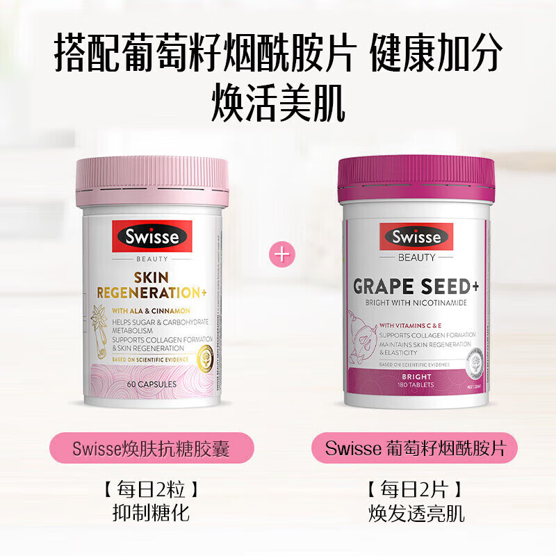 Swisse anti-sugar pills and rejuvenating capsules, collagen tablets, protein peptides, anti-aging, repairing skin and reducing loss, rejuvenating and anti-sugar capsules, valid for 26 years and December, 60 capsules*1 bottle