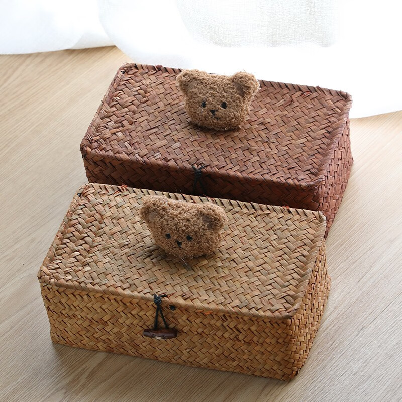 Ken s desktop storage box rattan straw gift box with lid dustproof sundry basket creative gift box jewelry box bear style orange rectangular large size