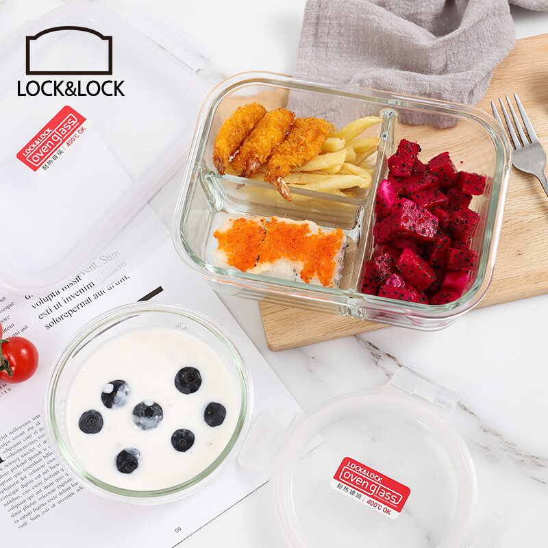 Lock and Lock separated heat-resistant glass crisper large-capacity microwave lunch box sealed lunch box lunch box 1L with lunch bag