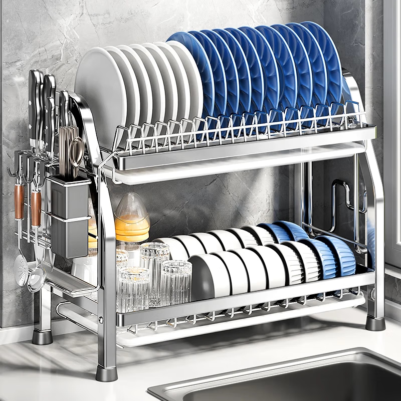 Duopeng kitchen dish rack dish rack drain rack countertop 304 stainless steel storage box for dishes and chopsticks *welfare version double layer 43+ fully equipped