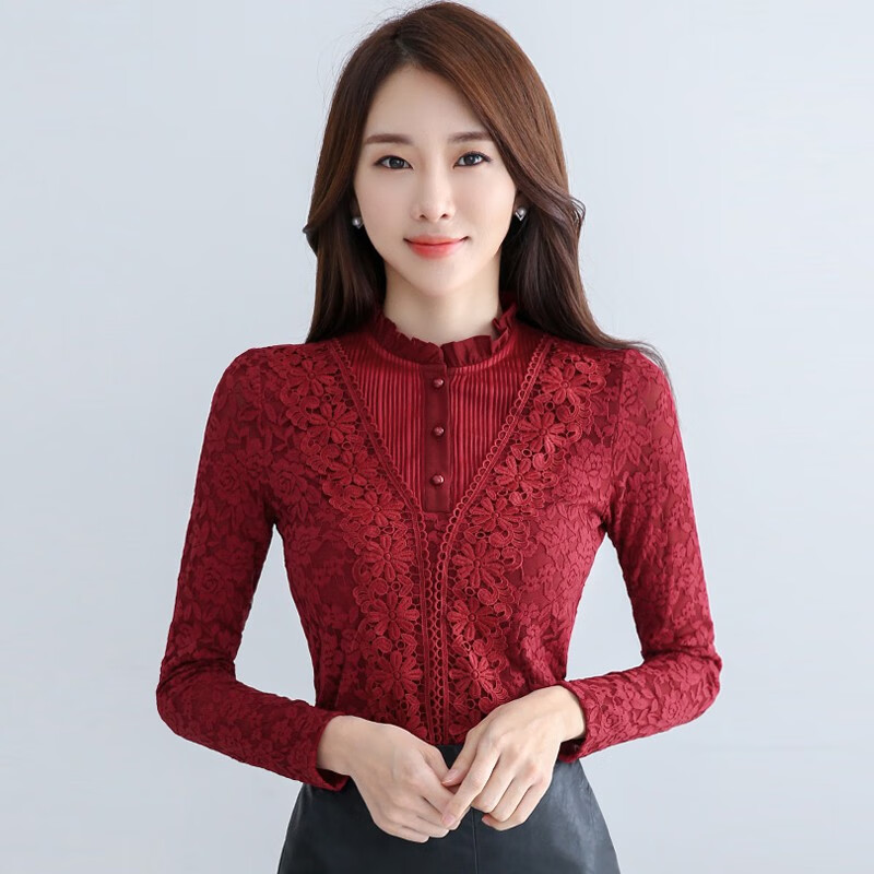 PHJ velvet lace bottoming shirt for women in autumn and winter new slim lace shirt for middle-aged women age-reducing warm long-sleeved top white velvet L