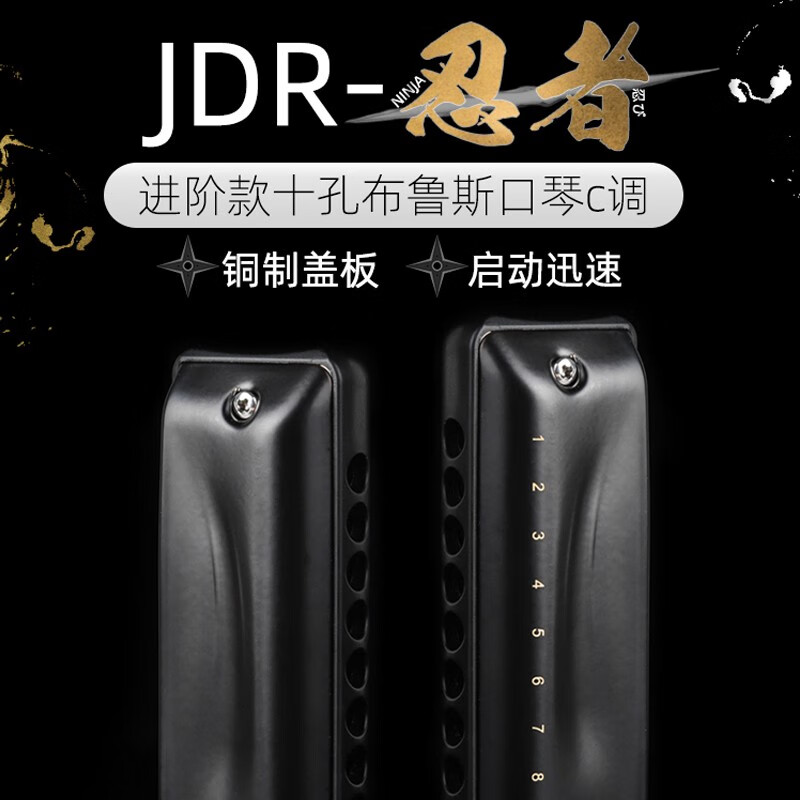 JDR imported gongs ten 10-hole blues harmonica NinJa ninja beginners as entry-level advanced playing matte black 10-hole Paddy scale C key - commonly used mode
