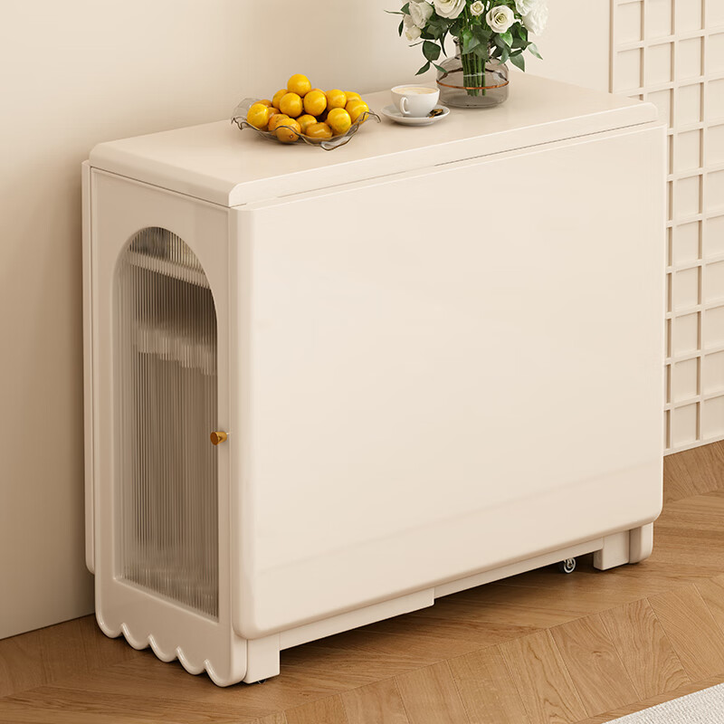 Tan Hua Xuan all solid wood folding dining table and sideboard integrated small apartment cream style dining table with lights and wheels white oak table 1.4m folding dining table + folding leather chairs x4