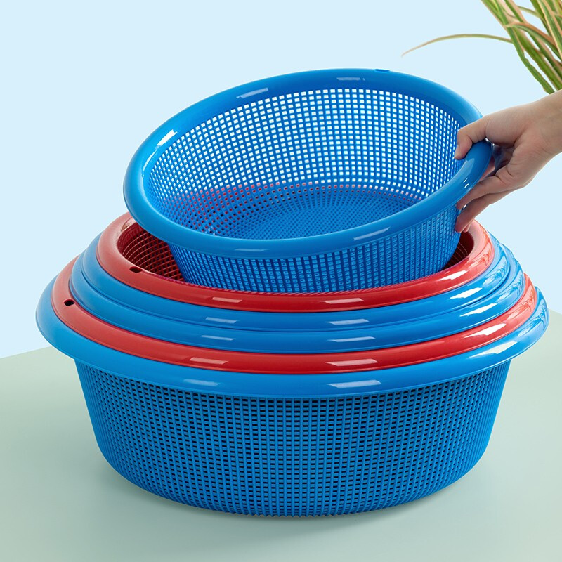 Camellia Lehui round sieve plastic basket round thickened vegetable basket storage large organizer kitchen drain blue household red 35.8CM
