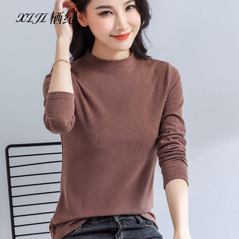 Qiji DeRong half turtleneck bottoming shirt for women in autumn and winter, western style plus velvet thickened warm top with long-sleeved autumn coat, brown L, recommended (100-110 catties)