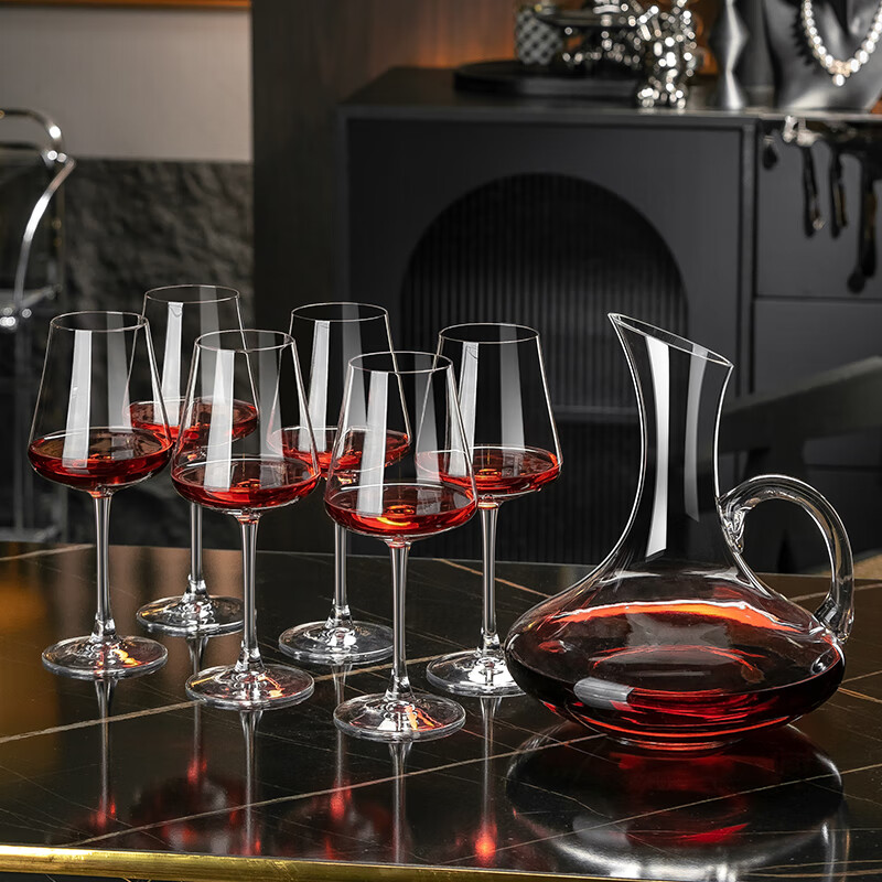RIDOSS new red wine glass decanter set household high-end cup holder European large wine crystal goblet romantic style * 6 + with handle + silver smooth sailing rack
