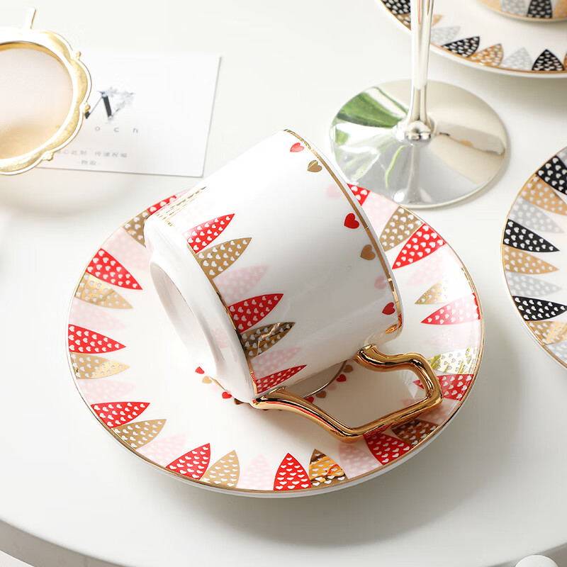 WOOCH Love at First Sight coffee cup with four saucers gift box for couples moving to a high-end new home, business, birthday, wedding souvenir Love at First Sight 4 cups and saucers - red gold + gray gold + white gift box