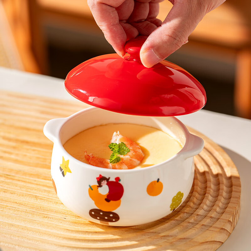 Onlycook double-eared ceramic bowl, steamed egg bowl with lid, stew pot, children's food supplement, bird's nest steaming pot, small soup pot, red