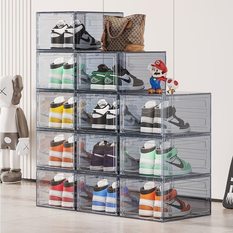Nature House Shoe Box Transparent Magnetic Hard Sneaker Storage Box Doorway Entry Shoe Cabinet Acrylic Shoe Storage Artifact Shoe Rack Transparent Black 4 Pack Buckle Connection/Magnetic Opening and Closing