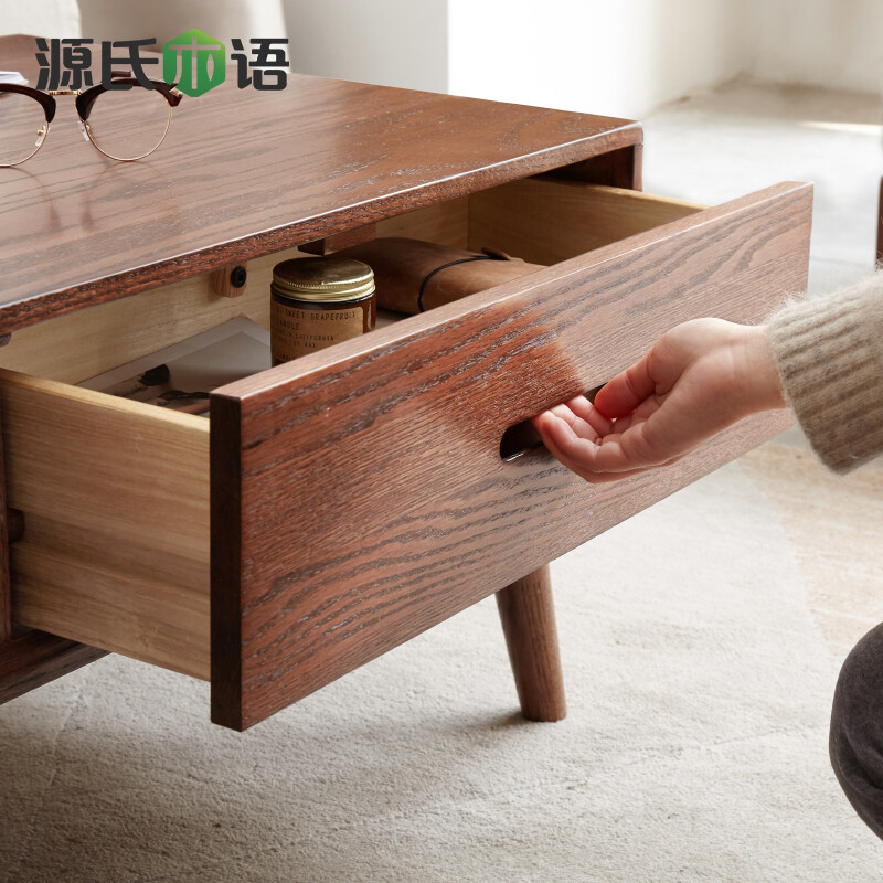 Genji Wood Language all solid wood coffee table simple modern oak furniture Nordic tea table home small apartment living room tea table double coffee table (1350*600*430mm) walnut color assembly
