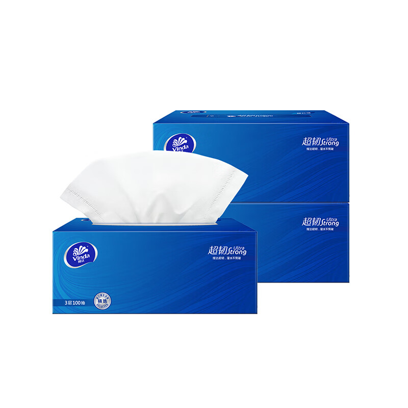 Vinda tissue paper, ultra-tough 3-layer 100-tissue paper*3 packs in M size, not easily broken by wet water, box-tissue paper, toilet paper, paper towels, napkins